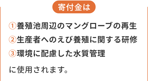 寄付金は ①養殖池周辺のマングローブの再生 ②生産者へのえび養殖に関する研修 ③環境に配慮した水質管理に使用されます。
